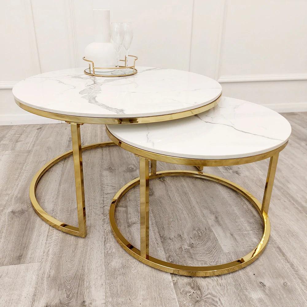 Cato Nest of 2 Round Coffee Gold Tables with Polar White Sintered Stone Tops-Esme Furnishings