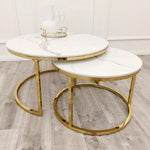 Cato Nest of 2 Round Coffee Gold Tables with Polar White Sintered Stone Tops-Esme Furnishings