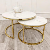 Cato Nest of 2 Round Coffee Gold Tables with Polar White Sintered Stone Tops-Esme Furnishings