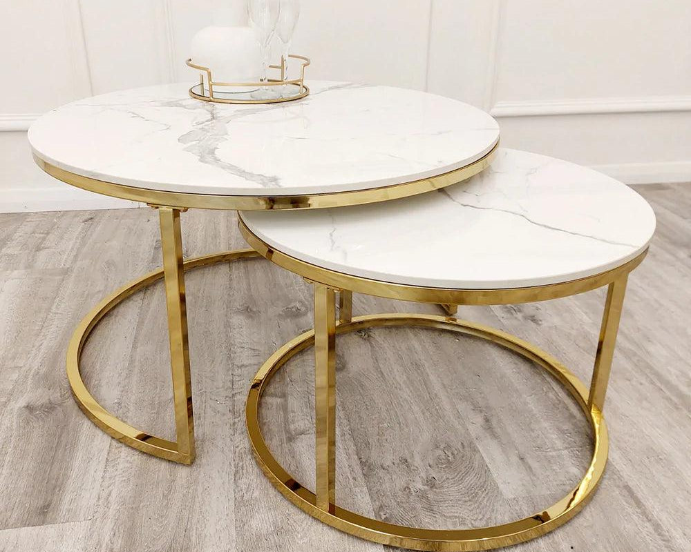 Cato Nest of 2 Round Coffee Gold Tables with Polar White Sintered Stone Tops-Esme Furnishings
