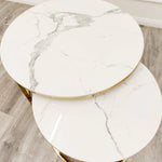 Cato Nest of 2 Short Round Coffee Gold Tables with Polar White Sintered Stone Tops-Esme Furnishings