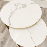 Cato Nest of 2 Short Round Coffee Gold Tables with Polar White Sintered Stone Tops-Esme Furnishings