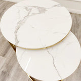 Cato Nest of 2 Round Coffee Gold Tables with Polar White Sintered Stone Tops-Esme Furnishings
