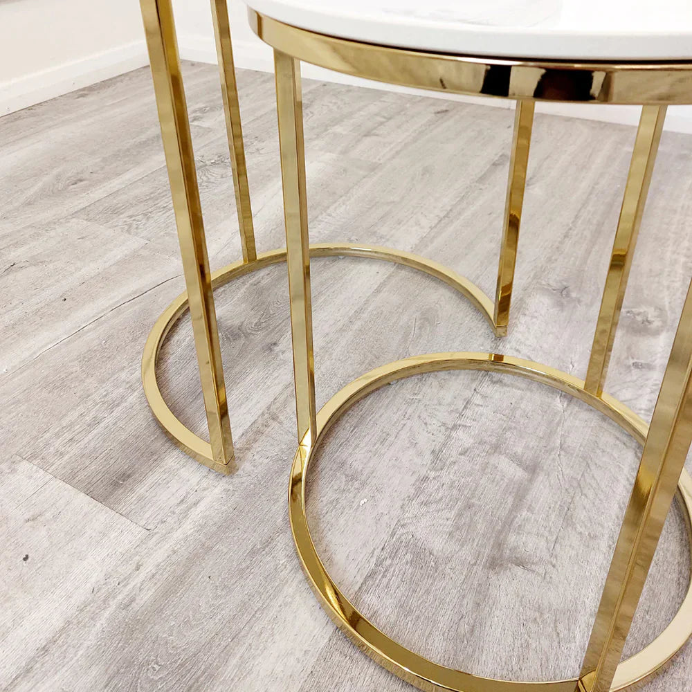 Cato Nest of 2 Tall Gold End Tables with Polar White Sintered Stone Tops-Esme Furnishings