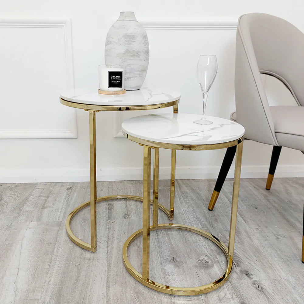 Cato Nest of 2 Tall Gold End Tables with Polar White Sintered Stone Tops-Esme Furnishings