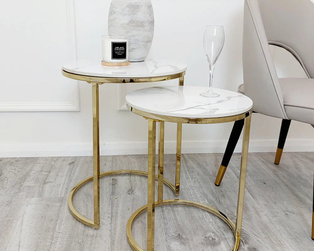 Cato Nest of 2 Tall Gold End Tables with Polar White Sintered Stone Tops-Esme Furnishings