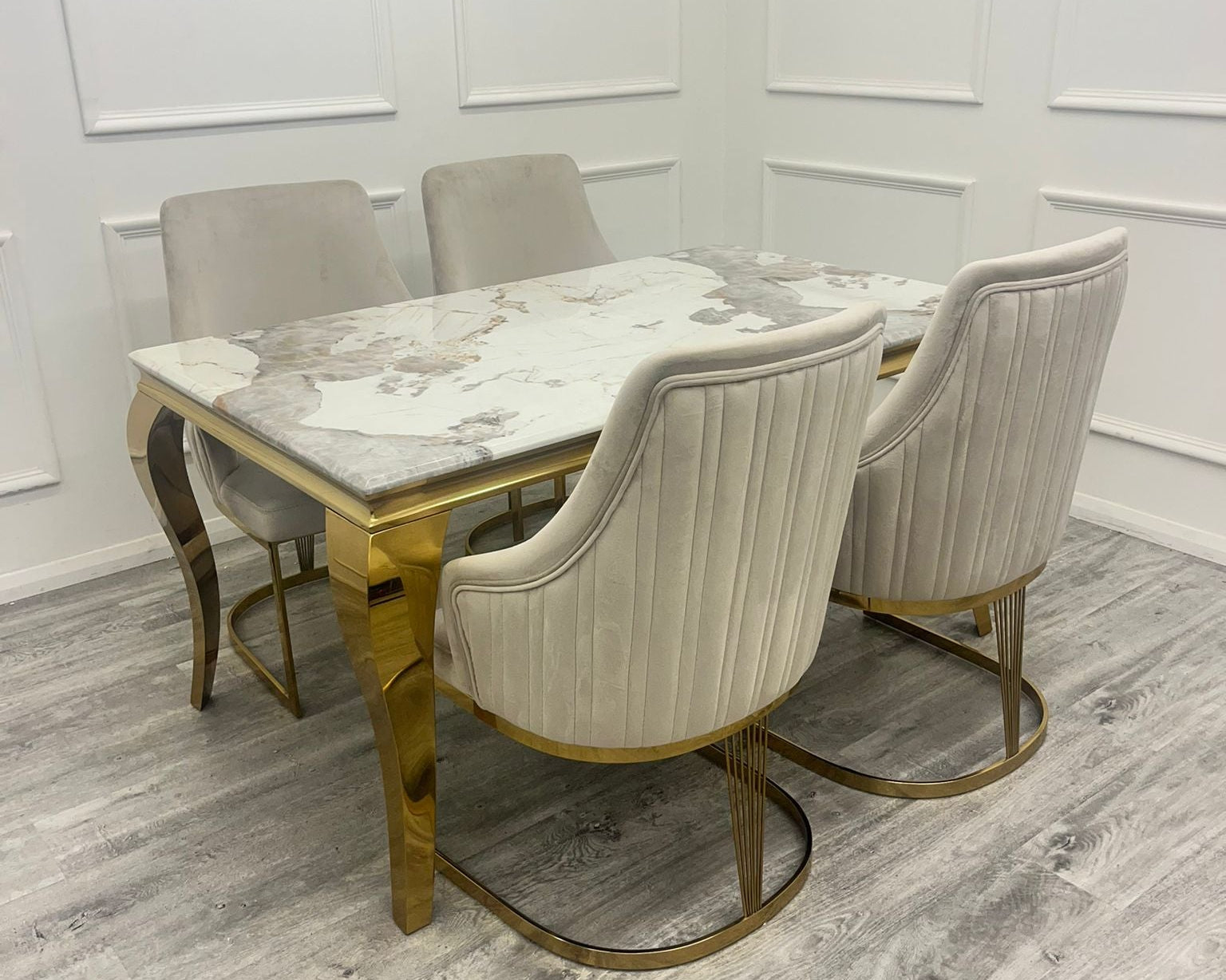 Louis Gold Marble Dining Table With Carlton Cream/Gold Velvet Dining Chairs