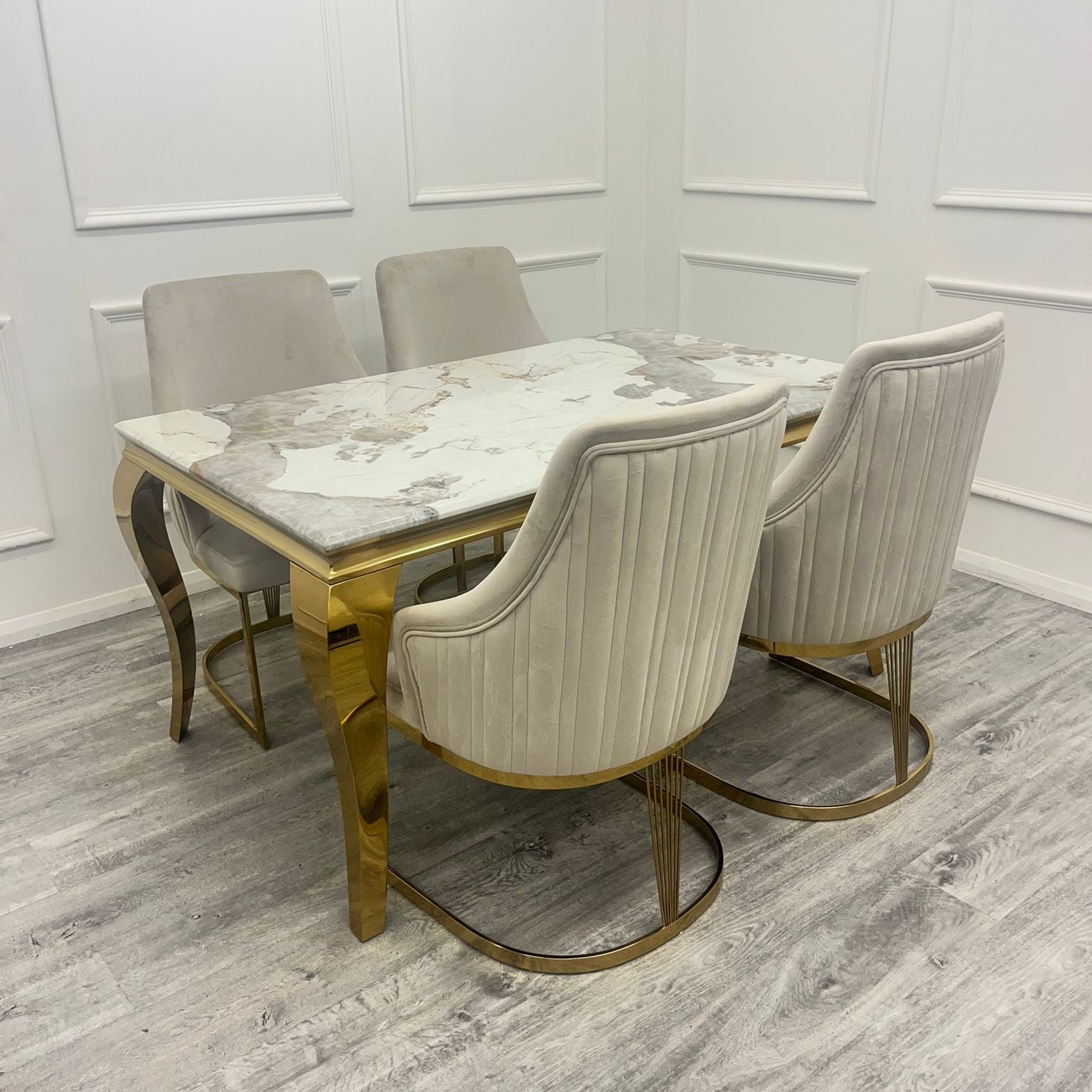 Louis Gold Marble Dining Table With Carlton Cream/Gold Velvet Dining Chairs