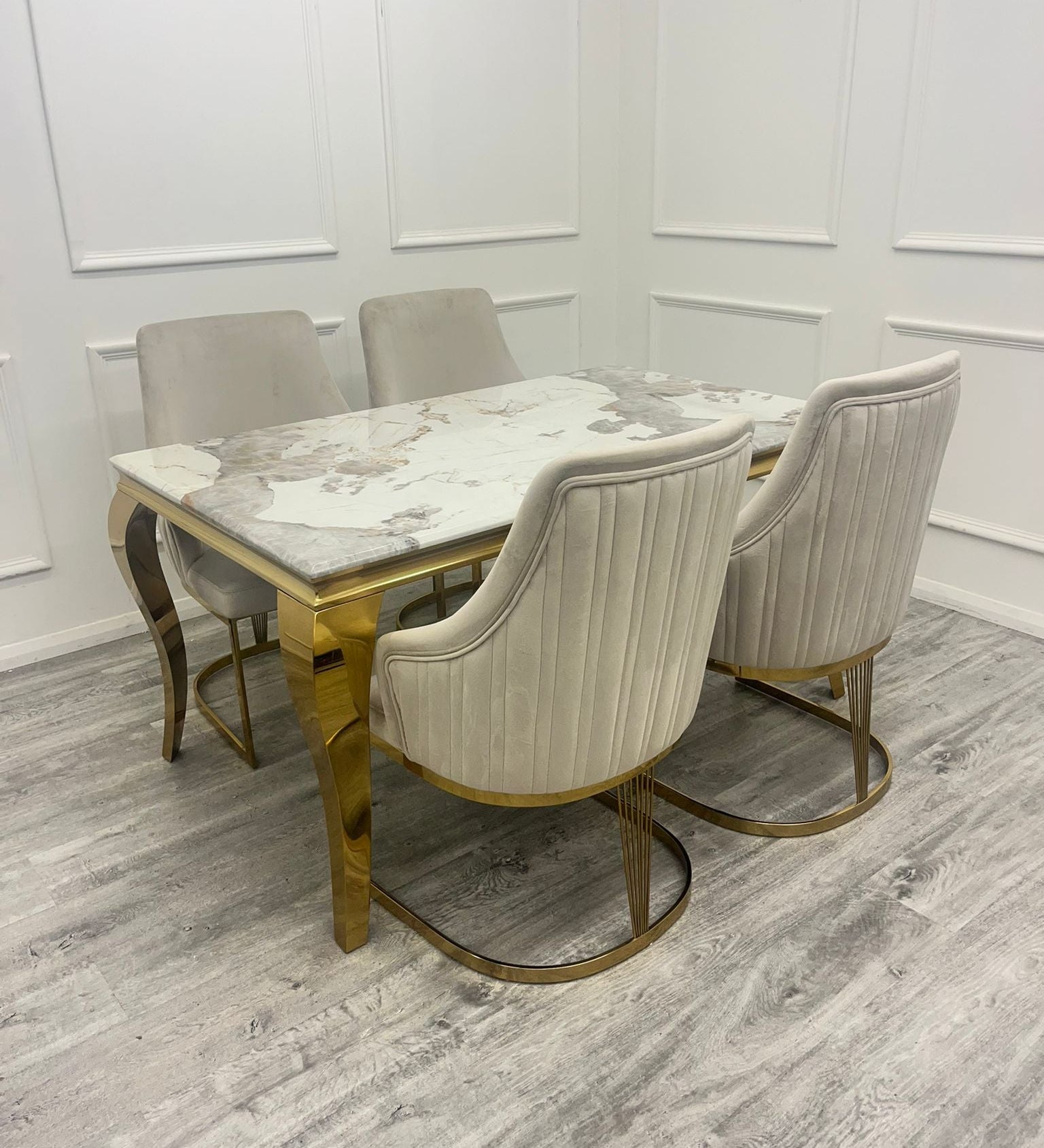 Louis Gold Marble Dining Table With Carlton Cream/Gold Velvet Dining Chairs
