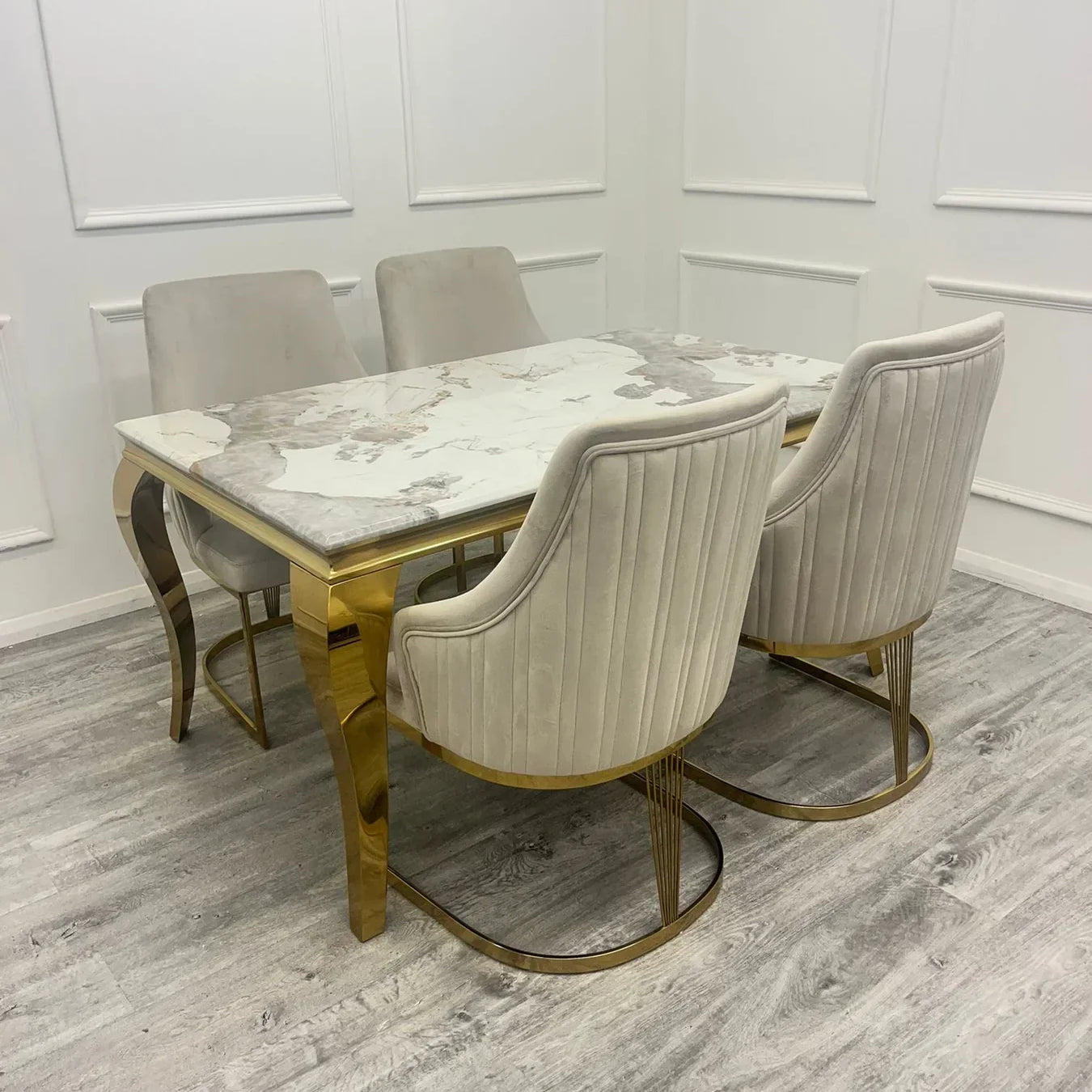 Louis Marble & Gold Dining Table With Carlton Cream/Gold Velvet Chairs