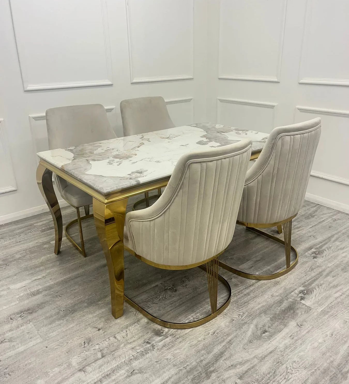 Louis Marble & Gold Dining Table With Carlton Cream/Gold Velvet Chairs