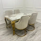 Louis Marble & Gold Dining Table With Carlton Cream/Gold Velvet Chairs