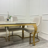 Louis Gold Marble Dining Table With Carlton Cream/Gold Velvet Dining Chairs