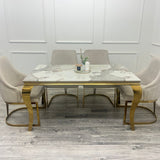 Louis Gold Marble Dining Table With Carlton Cream/Gold Velvet Dining Chairs