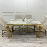 Louis Marble & Gold Dining Table With Carlton Cream/Gold Velvet Chairs