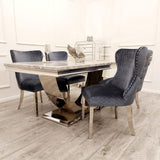 Arial Marble & Chrome Dining Table With Valentino Lion Knocker Velvet Chairs