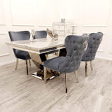 Arial Marble & Chrome Dining Table With Valentino Lion Knocker Velvet Chairs