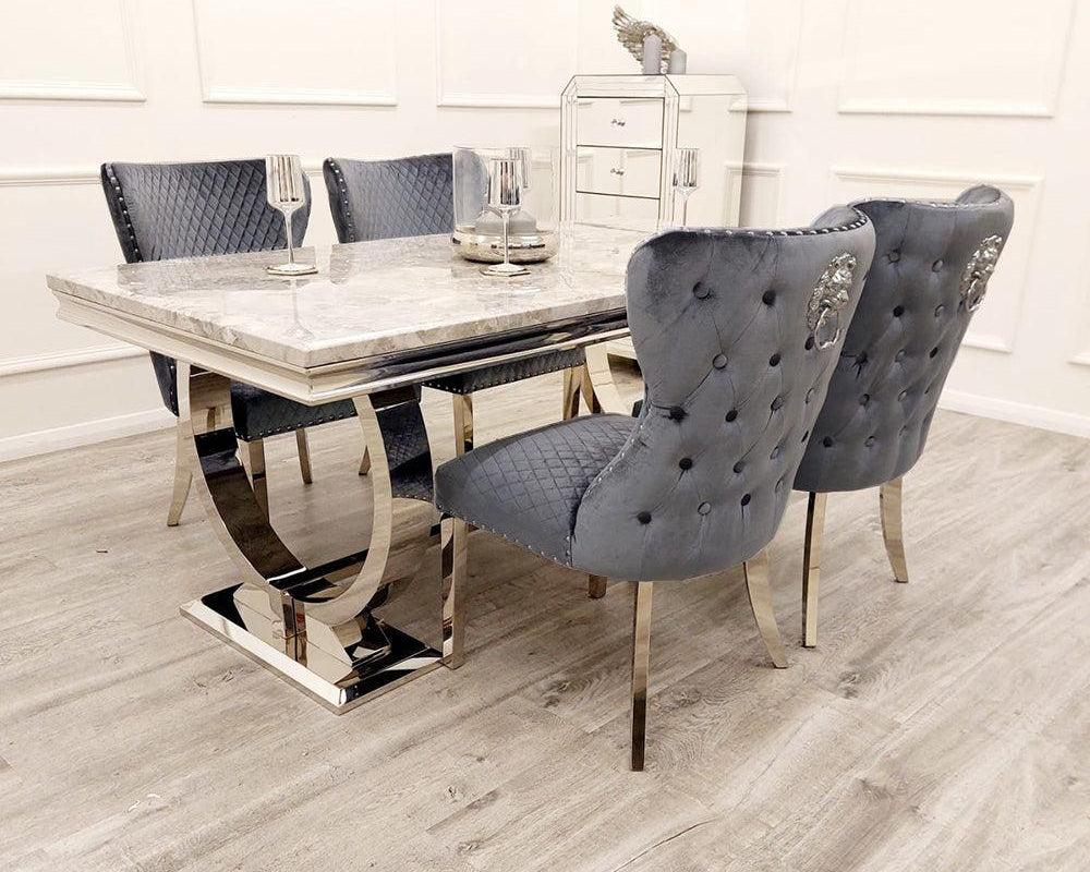 Arianna Marble & Chrome Dining Table With Valentino Lion Knocker Velvet Chairs