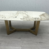 Lucien 180cm Gold Oval Dining Table with Pandora Gold Ceramic Marble Top + Cream/Gold  Ring Knocker Velvet Chairs
