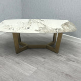 Lucien 180cm Gold Oval Dining Table with Pandora Gold Ceramic Marble Top + Cream/Gold  Ring Knocker Velvet Chairs