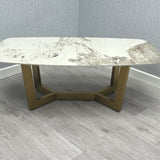 Lucien 150cm Gold Oval Dining Table with Pandora Gold Ceramic Marble Top + Cream/Gold  Ring Knocker Velvet Chairs