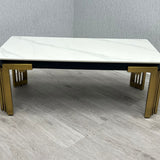 Sorrento 180cm Gold Dining Table with White Ceramic Marble Top + Cream/Gold Lion Knocker Velvet Chairs