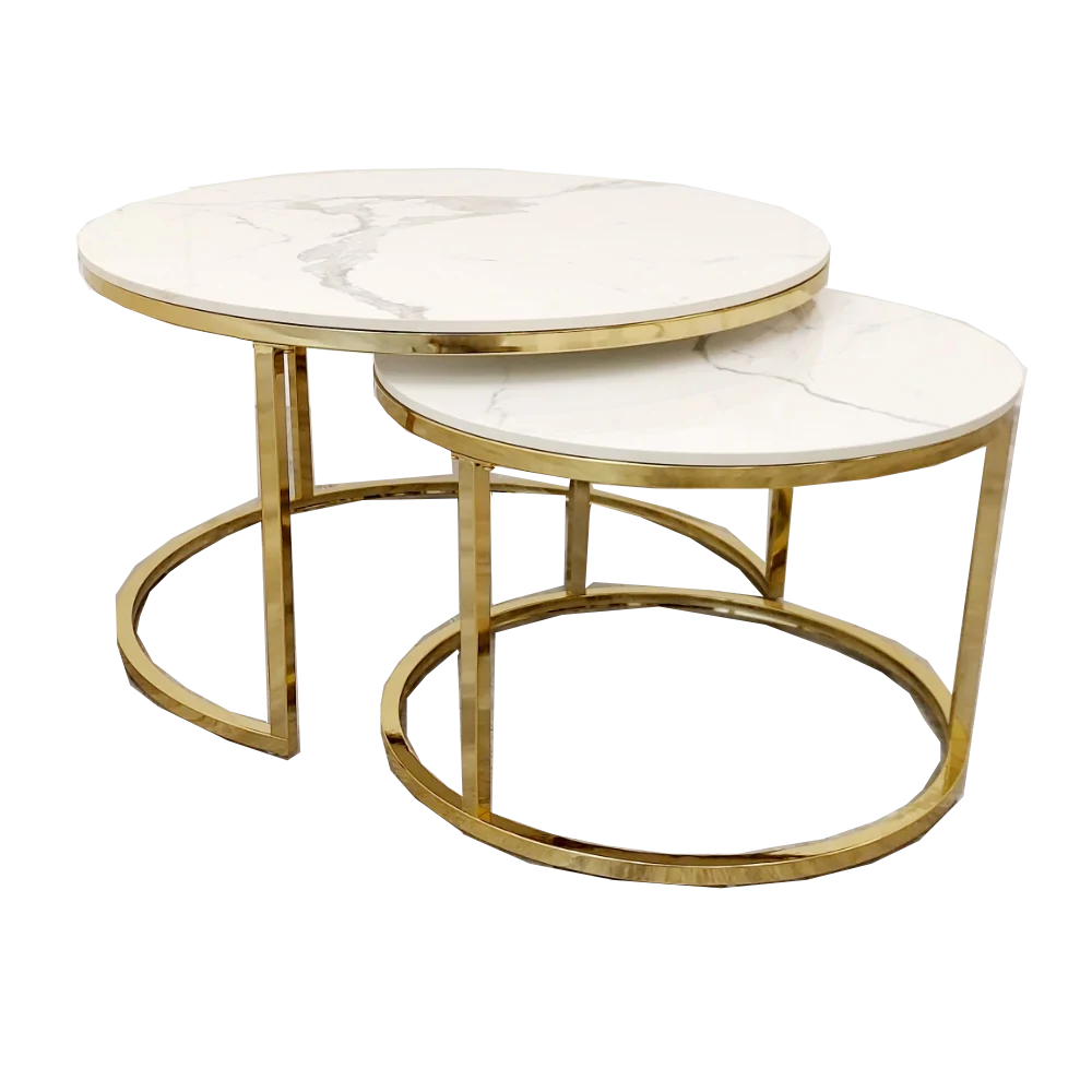 Cato Nest of 2 Short Round Coffee Gold Tables with Polar White Sintered Stone Tops-Esme Furnishings