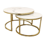 Cato Nest of 2 Short Round Coffee Gold Tables with Polar White Sintered Stone Tops-Esme Furnishings