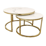 Cato Nest of 2 Short Round Coffee Gold Tables with Polar White Sintered Stone Tops-Esme Furnishings