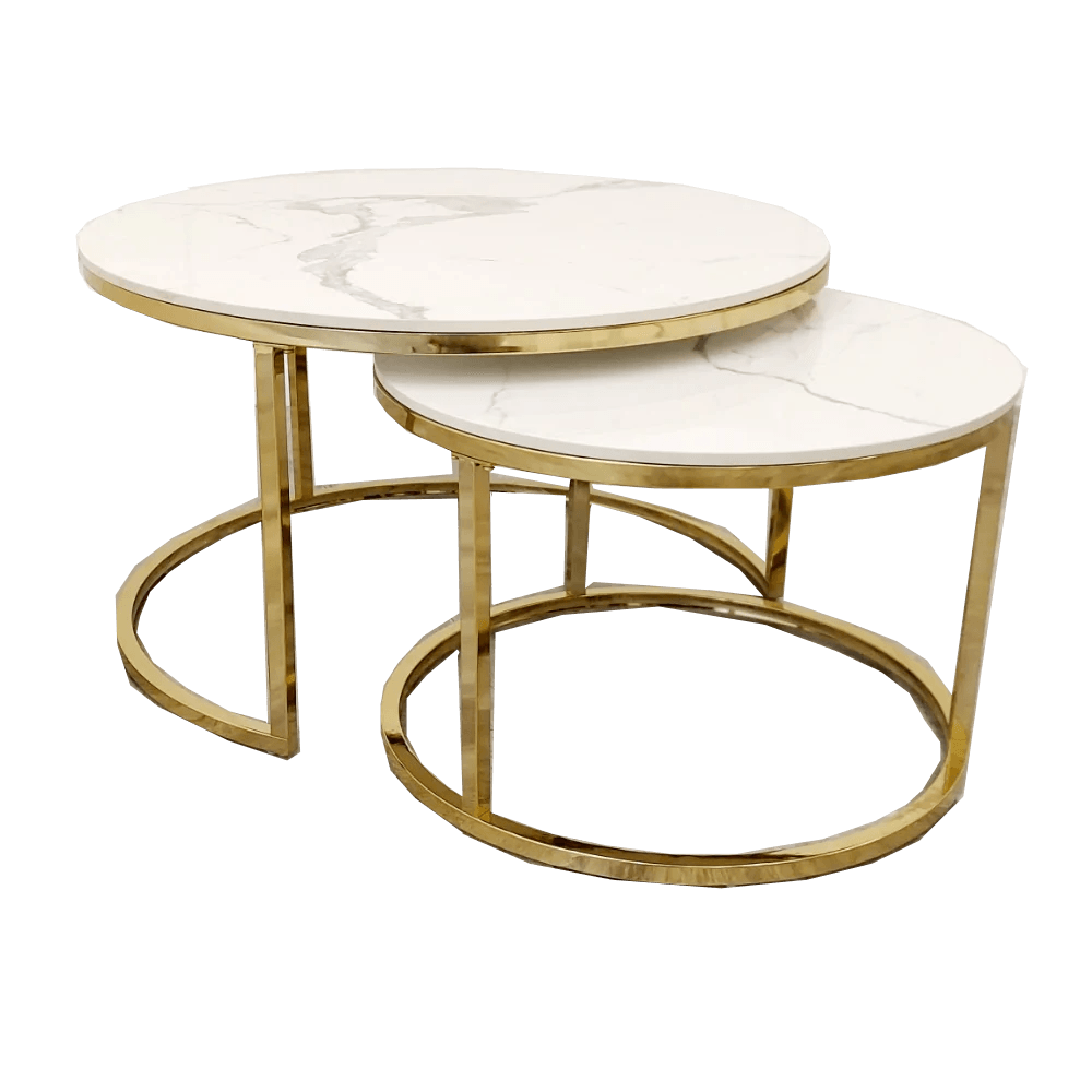 Cato Nest of 2 Round Coffee Gold Tables with Polar White Sintered Stone Tops-Esme Furnishings
