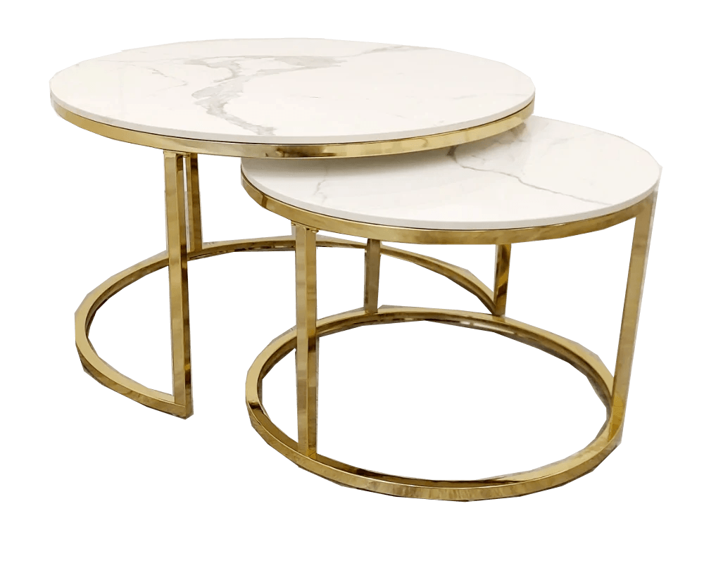 Cato Nest of 2 Round Coffee Gold Tables with Polar White Sintered Stone Tops-Esme Furnishings