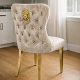 Valente Champagne Cream Gold Lion Knocker Button Back Plush Velvet Dining Chair Gold Legs