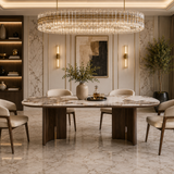 Isabella Oval 200cm Walnut & Pandora Ceramic Marble Dining Table With Zara Fabric Chairs