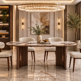 Isabella Oval 200cm Walnut & Pandora Ceramic Marble Dining Table With Luciana Fabric Chairs