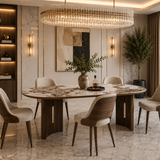 Isabella Oval 200cm Walnut & Pandora Ceramic Marble Dining Table With Milo Fabric Chairs