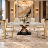Mattia Gold 180cm Dining Table with White/Gold Ceramic Dining Table With Florence Gold Dining Chairs