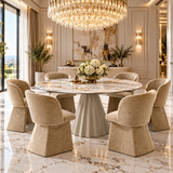 Skye 140cm - 190cm Round Champagne Ceramic Marble Dining Table With Raveena Velvet Dining Chairs