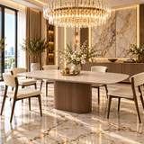 Ginevra 180-260cm Italian Walnut & White Travertine Ceramic Marble Side Extending Dining Table With Catello Walnut Wooden Dining Chairs