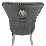 Louis 120cm Marble & Chrome Dining Table With Grey Lion Knocker Velvet Chairs & Bench