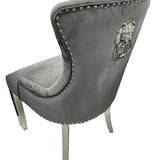 Louis 120cm Marble & Chrome Dining Table With Grey Lion Knocker Velvet Chairs & Bench