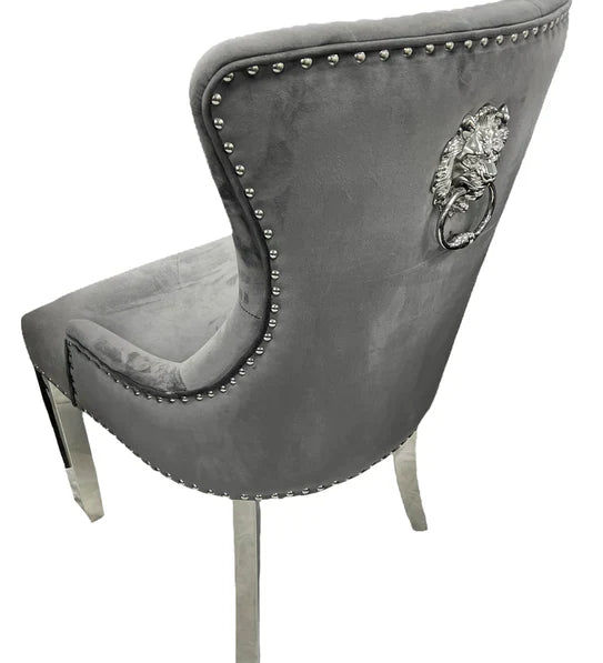 Chelsea Lion Knocker Plain Back Tufted Plush Velvet Dining Chair Chrome Legs - 3 Colours-Esme Furnishings