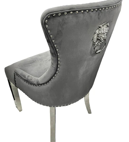 Louis 130cm Grey Marble Round Dining Table + Grey Lion Knocker Chairs