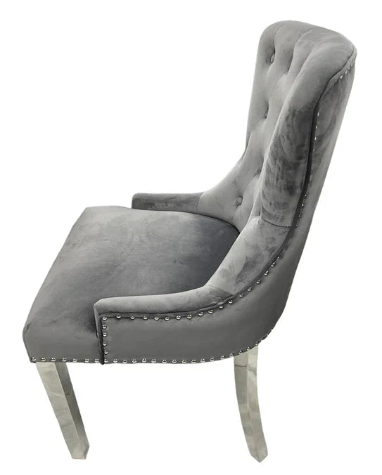Chelsea Lion Knocker Plain Back Tufted Plush Velvet Dining Chair Chrome Legs - 3 Colours-Esme Furnishings