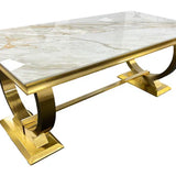 Arianna Marble & Gold Dining Table With Lucy Slim Quilted Gold Ring Knocker Velvet Chairs