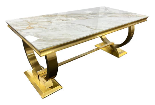 Arianna Marble & Gold Dining Table With Victoria Quilted Gold Lion Knocker Velvet Chairs