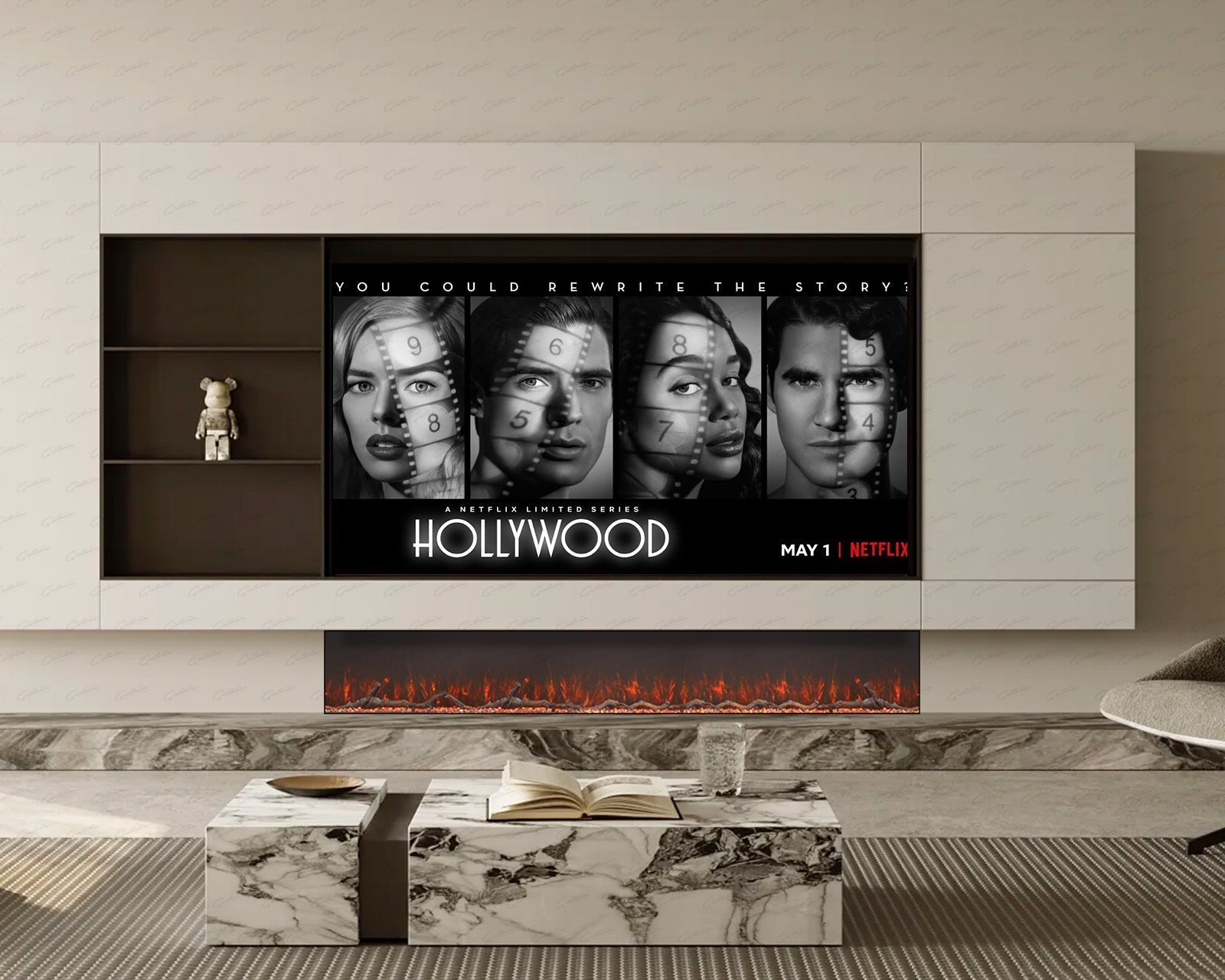 50 60 71 80 Inch HD+ Borderless Glass Black Electric Clarendon UHD Media 3D Flame LED Media Fire