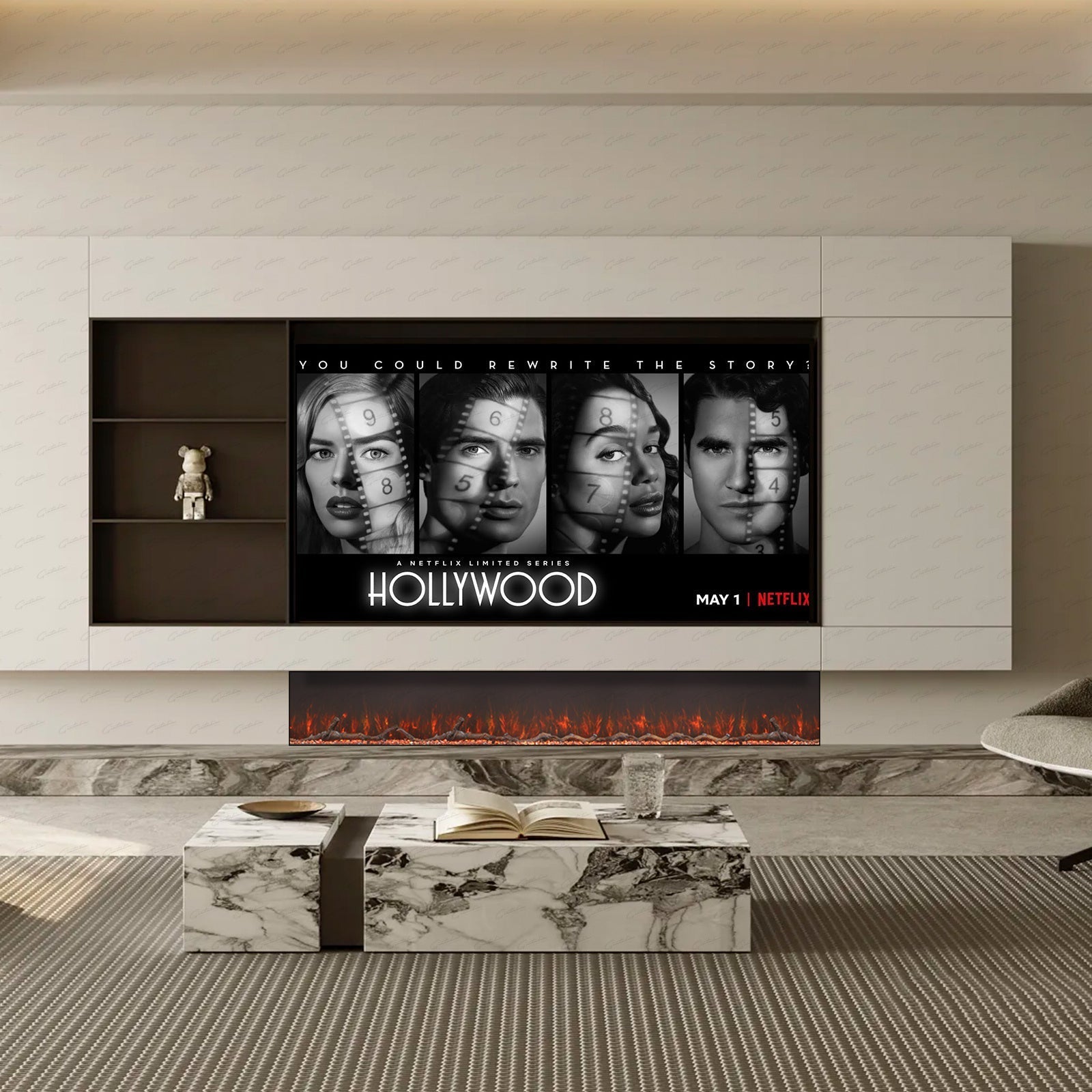 50 60 71 80 Inch HD+ Borderless Glass Black Electric Clarendon UHD Media 3D Flame LED Media Fire