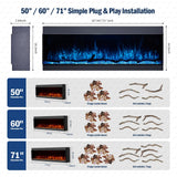 50 60 71 80 Inch HD+ Borderless Glass Black Electric Clarendon UHD Media 3D Flame LED Media Fire