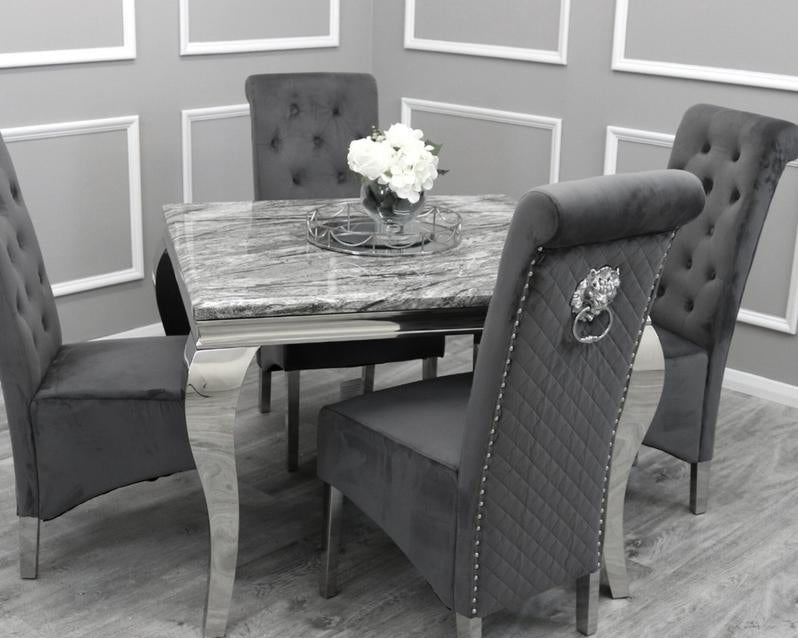 Louis 100cm Square White Marble Dining Table + Lucy Grey Lion Slim Knocker Plush Velvet Chairs-Esme Furnishings