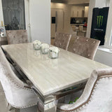Arianna Cream Marble 200CM Dining Table + Valente Champagne Lion Velvet Chairs
